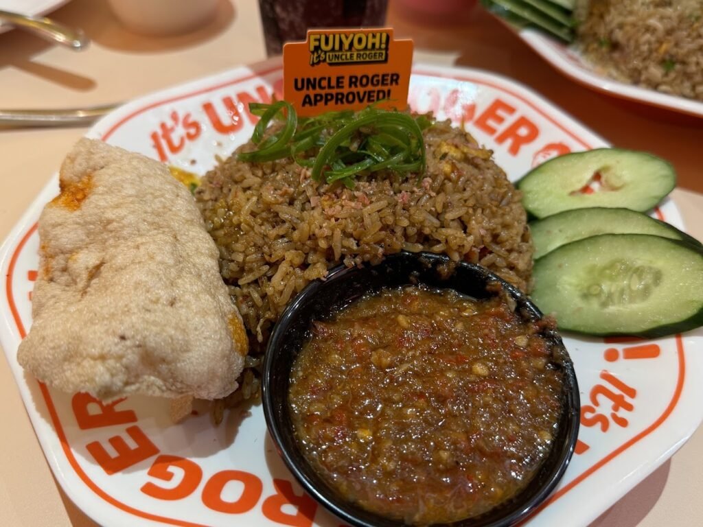 Uncle Roger Special Fried Rice, served with cucumber, keropok and Secret Sambal at the Dining Loft, Pavilion Kuala Lumpur