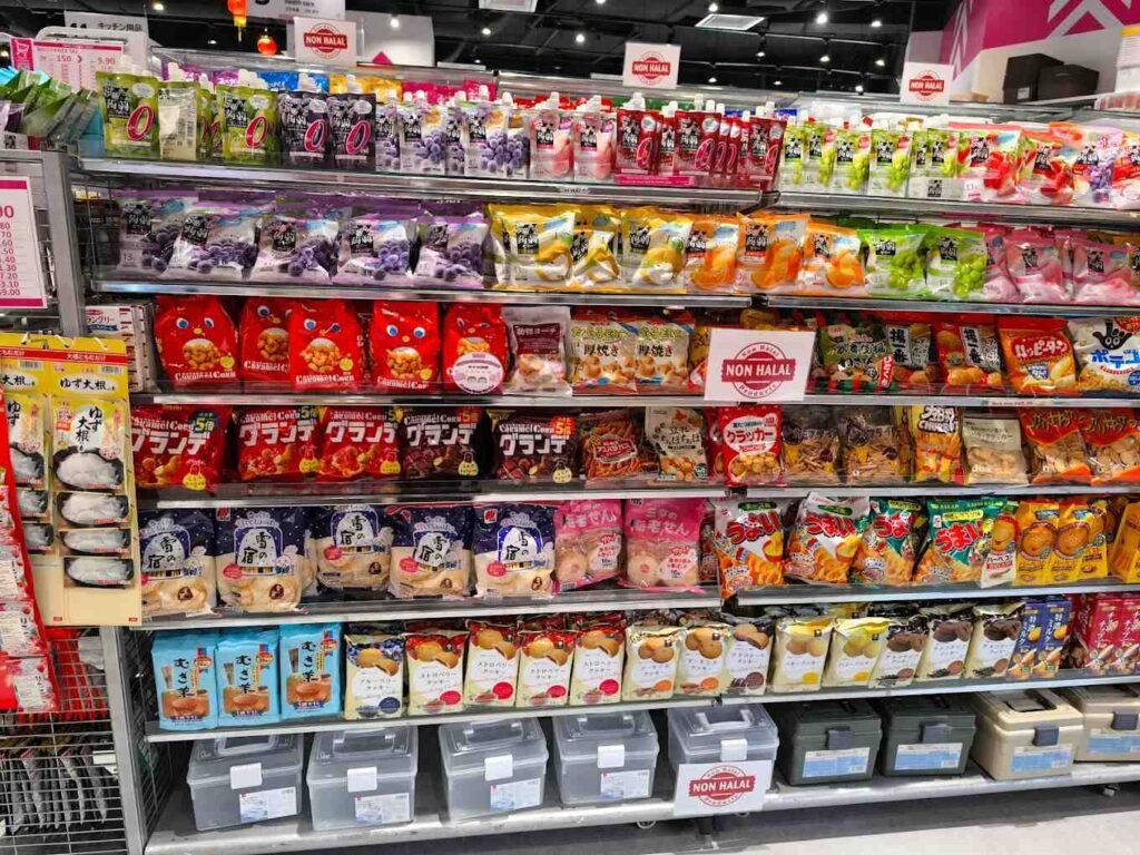 Various Japanese snacks on display at Daiso