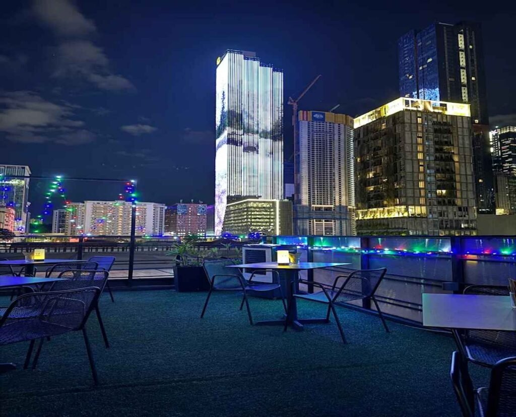 Kuala Lumpur night skyline view at BlackBull Bar, a rooftop cocktail bar in Bukit Bintang