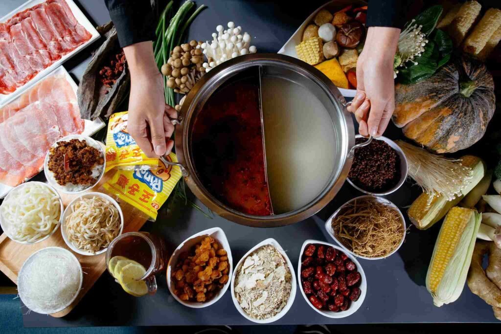 Taiwan Style Spicy Soup, Pumpkin Milk Soup, with various steamboat ingredients, available at Gouma Express Imbi Outlet