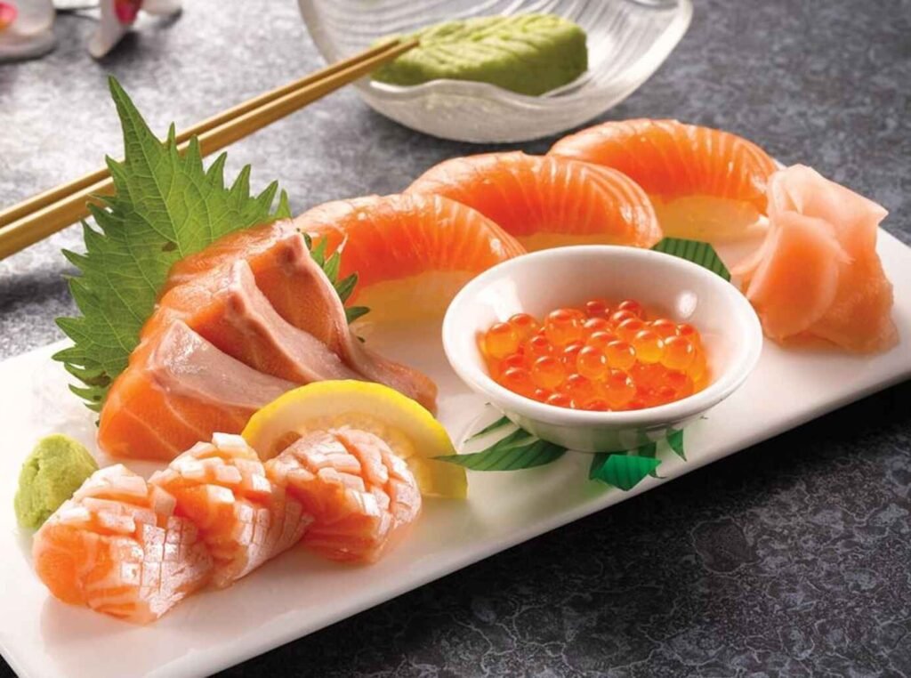 Salmon slices, salmon belly Sashimi, salmon sushi & salmon roe, served with wasabi at Ichi Zen Japanese Restaurant, Tokyo Street Pavilion Kuala Lumpur