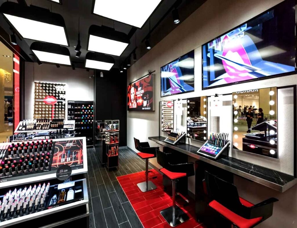 Lipsticks, eyeliners and other cult-favorite collection of vivid, high-pigment colors, superior face and body foundations and expert artisan formulas on display, with make up tables, chair and mirror for testing samples at Make Up For Ever, Fashion Avenue, Pavilion Kuala Lumpur