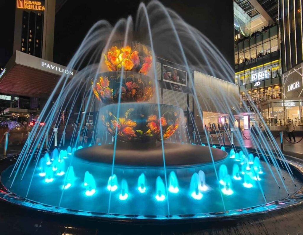 Crystal Fountain at Pavilion Kuala Lumpur displaying beautiful blue neon lights.