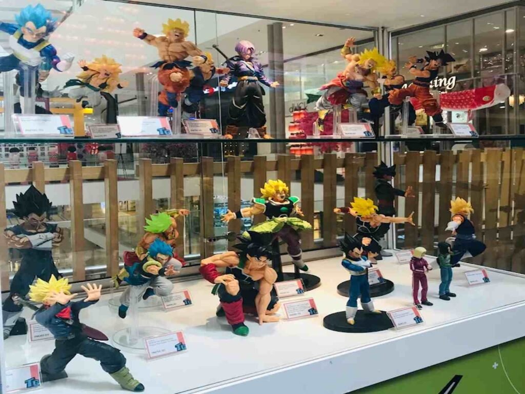 Dragon Ball miniature figures of Goku, Vegeta, Broly, Trunks, Gogeta, Vegito, Bardock, Android 17 and 18, in base, Super Saiyan and Super Saiyan Blue forms, on display at Toy Garden, Tokyo Street Pavilion Kuala Lumpur