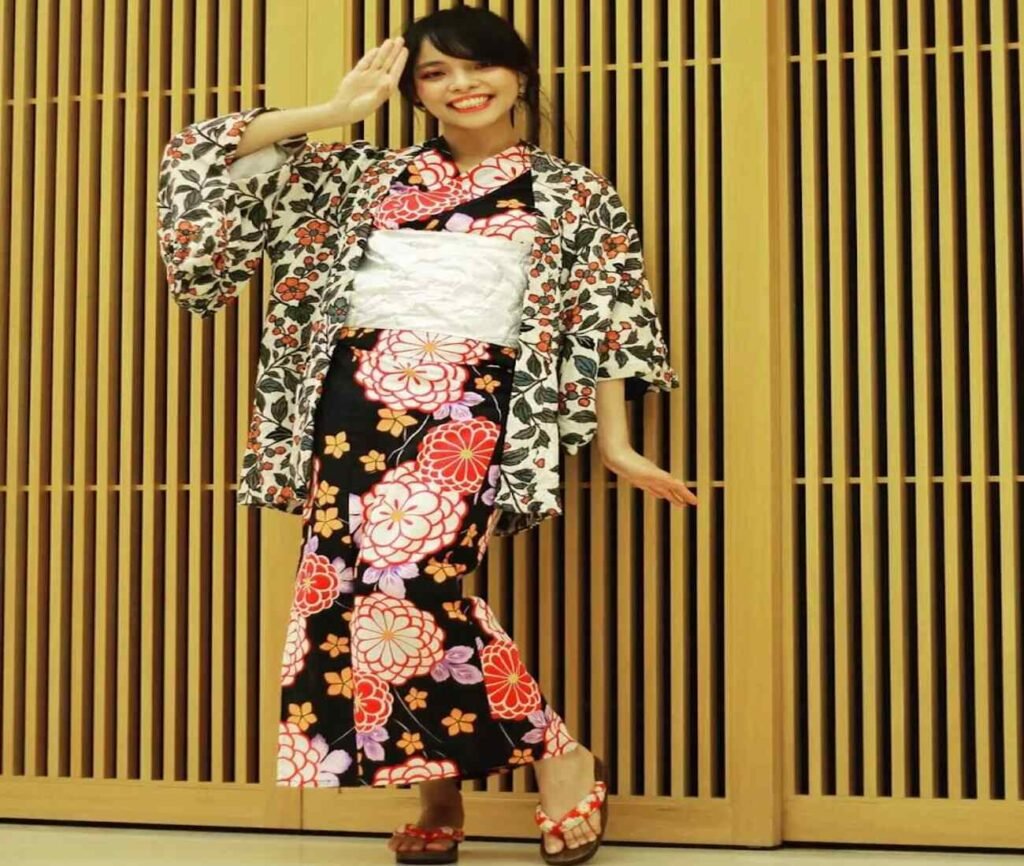Asian girl posing with rented Japanese traditional kimono and haori at Tokyo Street Pavilion Kuala Lumpur
