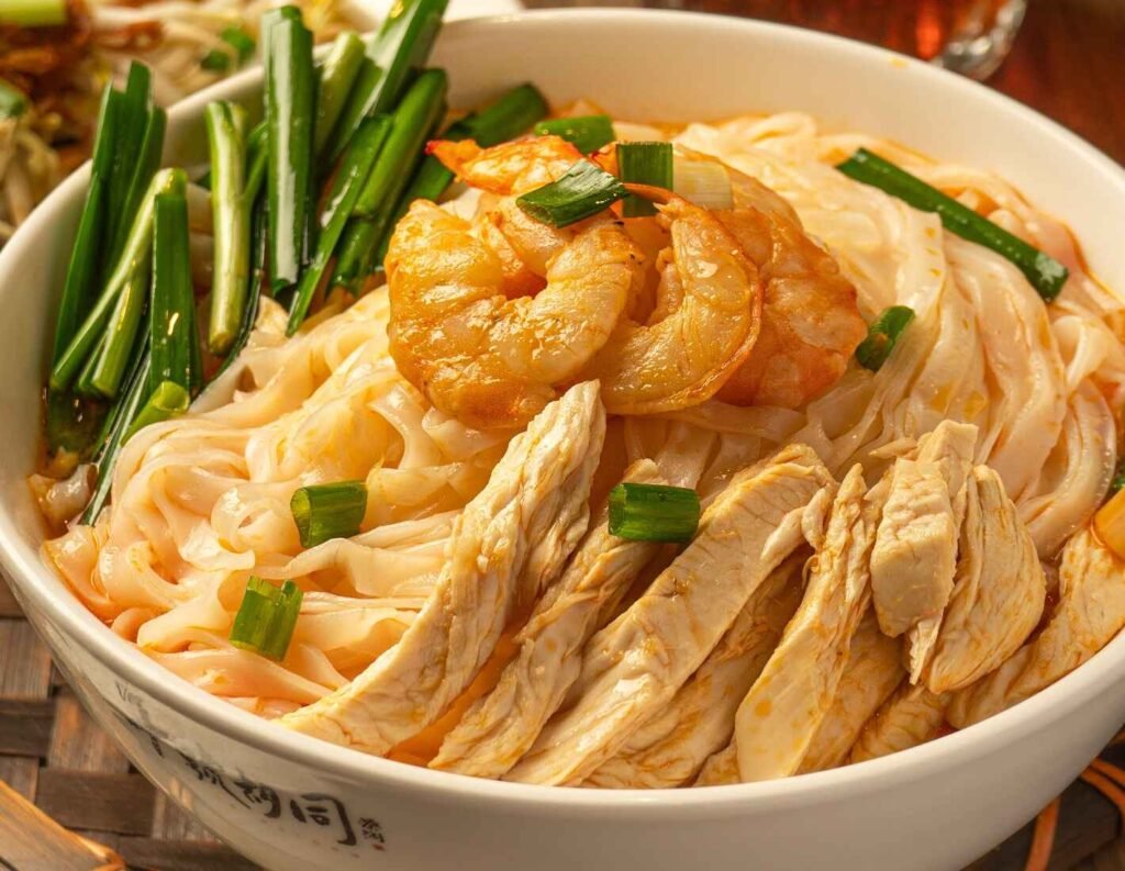 Ipoh Hor Fun, also known as Kai See Hor Fun or Sar Hor Fun, is a popular Malaysian dish originating from the city of Ipoh featuring flat rice noodles (kuey teow) in a flavourful broth made from chicken bones and shrimp shells, with shredded chicken and prawns. A signature dish at Chan Thong Kee, Lot 10 Hutong Food Court