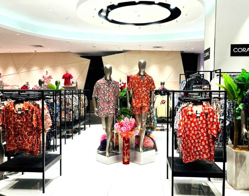 Men’s batik shirts and shorts on mannequins and racks at Corak, a Malaysian boutique blending traditional prints with modern design at The Design, Lower Ground Floor, Isetan The Japan Store Lot 10, Bukit Bintang, Kuala Lumpur.