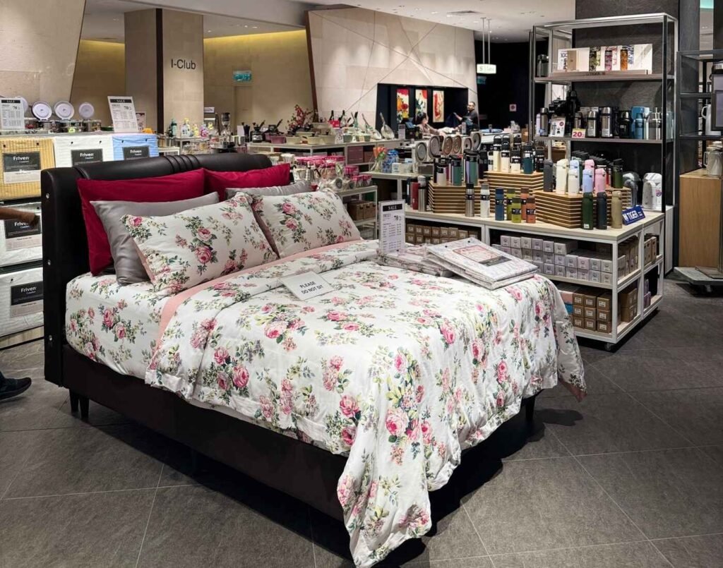 A floral Friven bedding display at The Design, Ground Floor, Isetan The Japan Store Lot 10, Bukit Bintang, Kuala Lumpur, showcasing plush bed linen, duvet covers, and pillowcases. The setup highlights luxury bedding and home living essentials, surrounded by shelves of lifestyle and kitchenware products of the Home Select section.