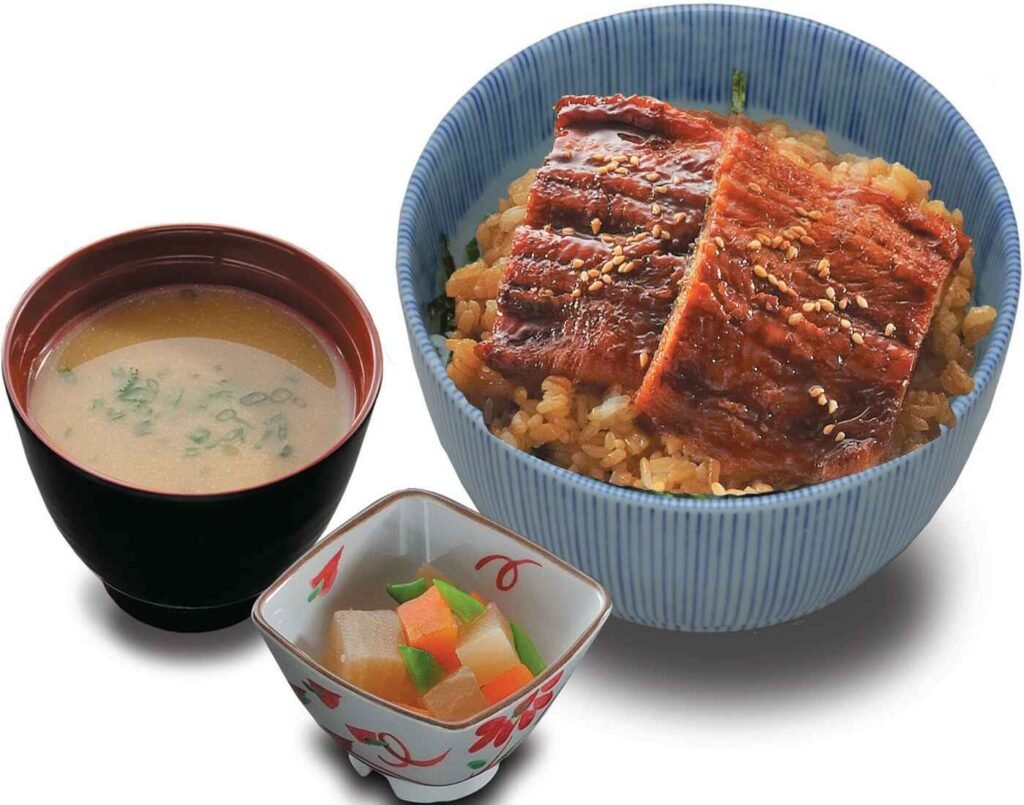 The Hot Dashi Soup Grilled Unagi Chazuke features a bowl of rice topped with grilled eel, a bowl of the signature konbu (dry kelp) broth and a side of fresh salad. A highly rated dish at Dashi Saya The Market, Lower Ground Floor, Isetan The Japan Store Lot 10, Bukit Bintang, Kuala Lumpur.