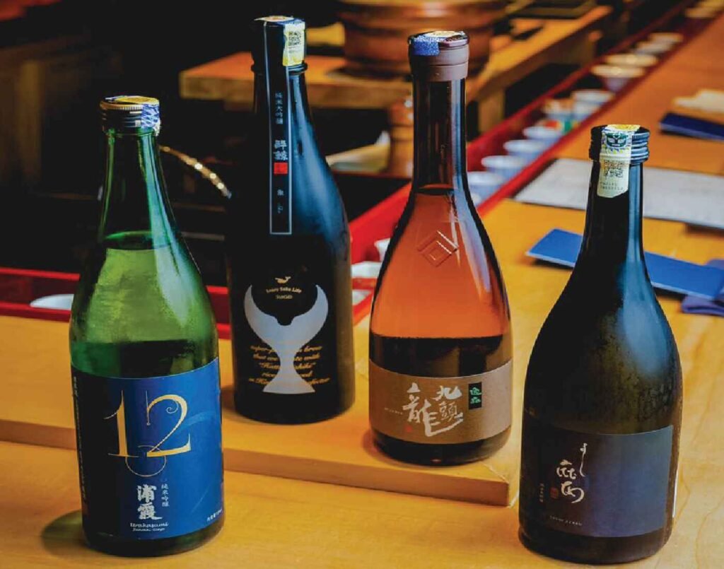 Premium sakes from renowned breweries in Japan, Kokuryu Kuzuryu Kantanoshi 24.3 fl oz (720 ml), Urakasumi 12 Junmai Ginjo 720ml, Sugei Junmai Daiginjo Sho 720ml, and Juyondai Bessen Morohaku 720ml on display at City Cellar, located at The Market, Lower Ground Floor, Isetan The Japan Store Lot 10, Bukit Bintang, Kuala Lumpur.