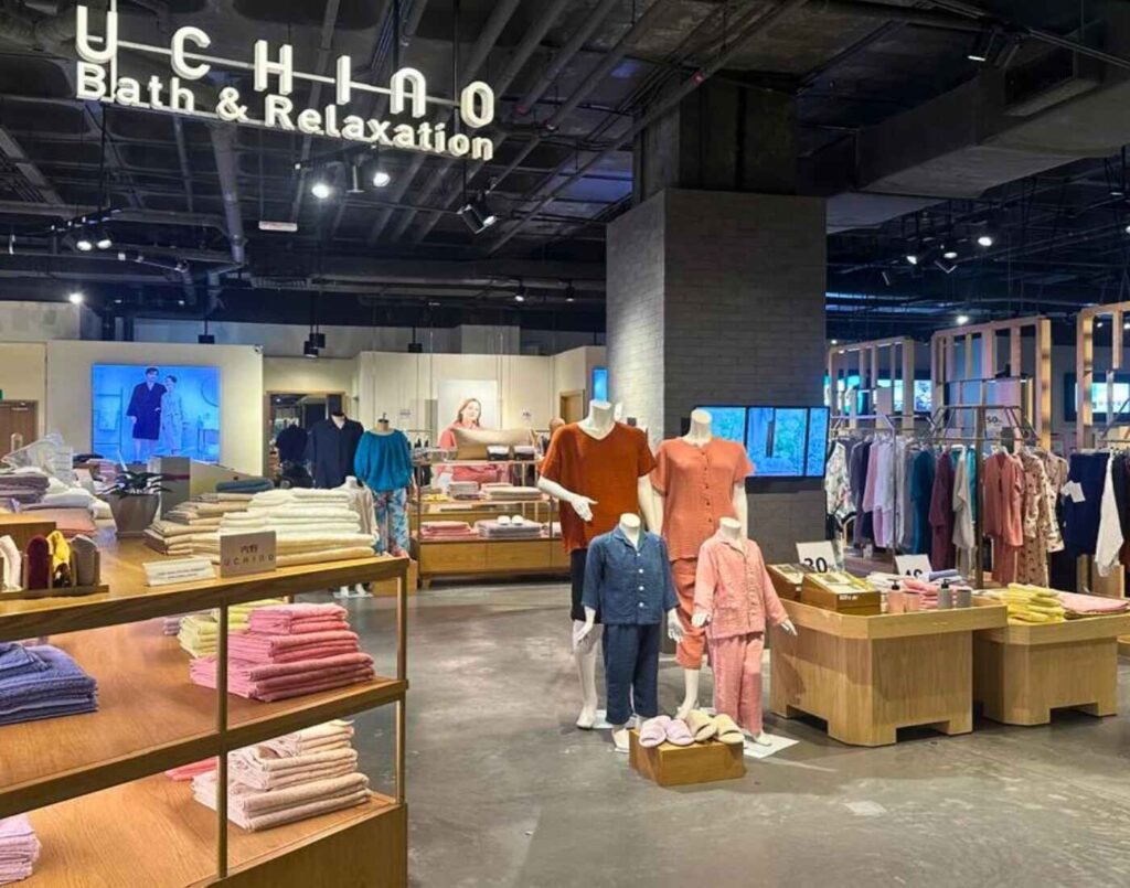 Uchino Bath & Relaxation at The Design, Ground Floor, Isetan The Japan Store Lot 10, Bukit Bintang, Kuala Lumpur. The store features neatly displayed luxury Japanese towels, lightweight bathwear, loungewear, and microfiber fabrics, with mannequins showcasing Uchino’s signature Marshmallow Gauze and Super Marshmallow collections for adults and children.