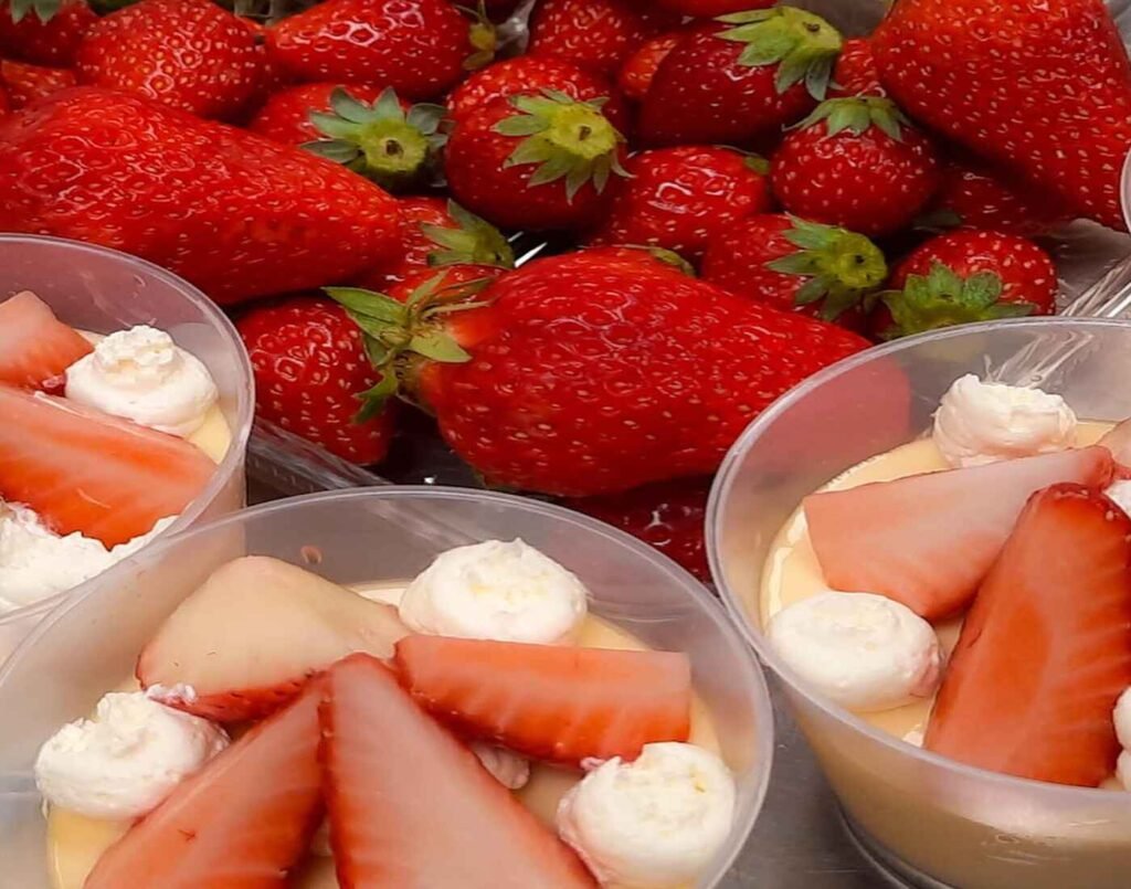 Furu Furu Strawberry Pudding at Don Don Donki Lot 10 featuring fluffy custard topped with fresh Japanese strawberries like Yubeni, Koi Minori, Beni-Hoppe, and Tochiotome. Available at the Furu Furu section of Jonetz By Don Don Donki Lot 10, a Japanese supermarket in Bukit Bintang, Kuala Lumpur.