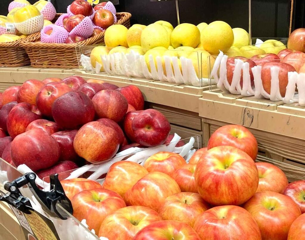 Display of fresh Aoimori apples and Japanese pears imported from Japan, showcased in the premium fruits section (Furu Furu) at Jonetz By Don Don Donki Lot 10, a Japanese supermarket in Bukit Bintang, Kuala Lumpur.