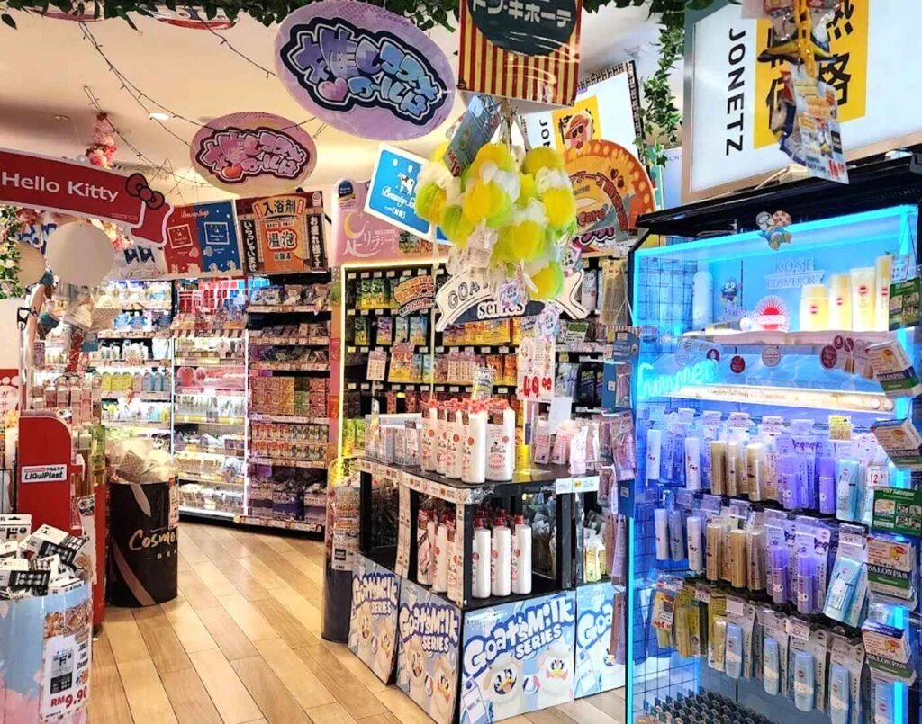 Japanese cosmetics and skincare products including makeup, face masks, lotions and beauty essentials displayed in the CosmeDONKI section at Don Don Donki Lot 10 Kuala Lumpur.