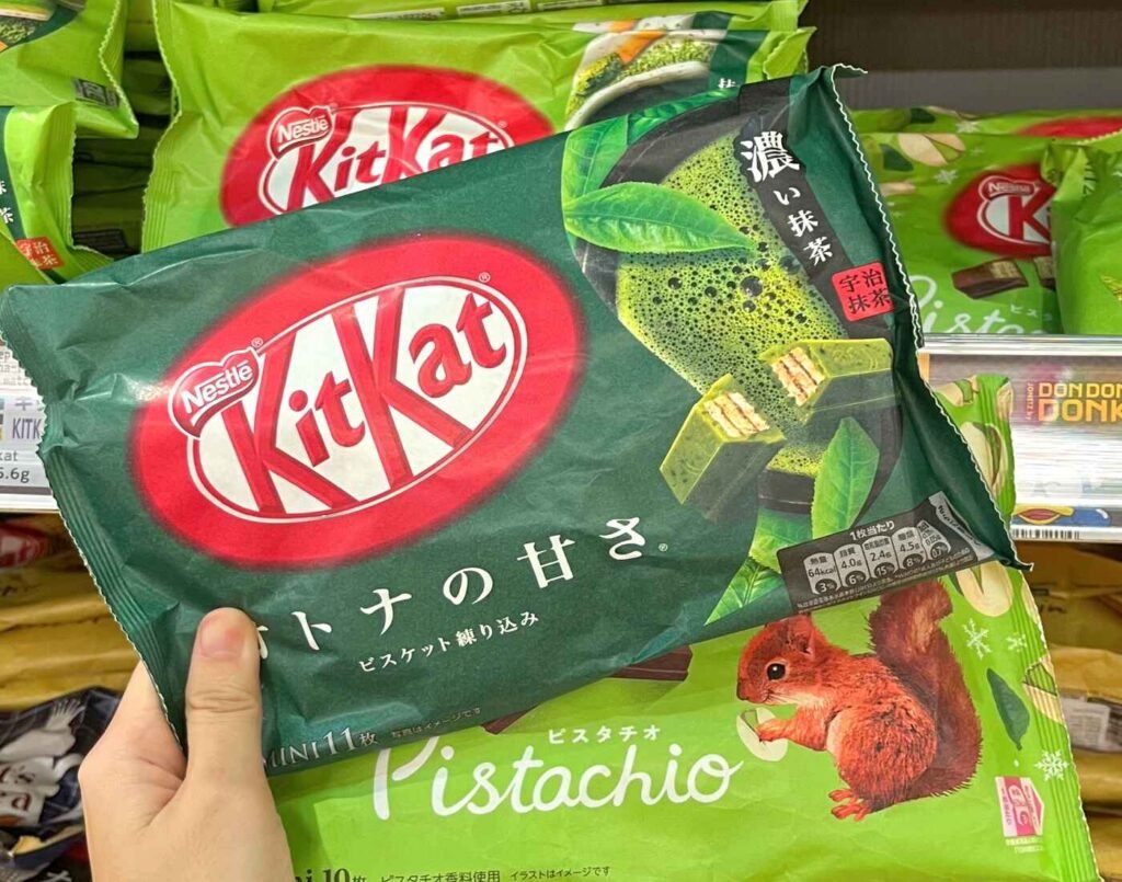 Japanese Kit Kiat flavours Otona no Amasa Koi Matcha (Rich Matcha for Adults' Sweetness), an intense, slightly bitter, high-quality Matcha (Green Tea) flavour, designed for adults who prefer a less sweet profile, and Pistachio, a winter specialty combining the classic wafer with milk chocolate infused with roasted pistachio. Available at the Kit Kat Corner on the Ground Floor of Jonetz By Don Don Donki Lot 10, a Japanese supermarket in Bukit Bintang, Kuala Lumpur.