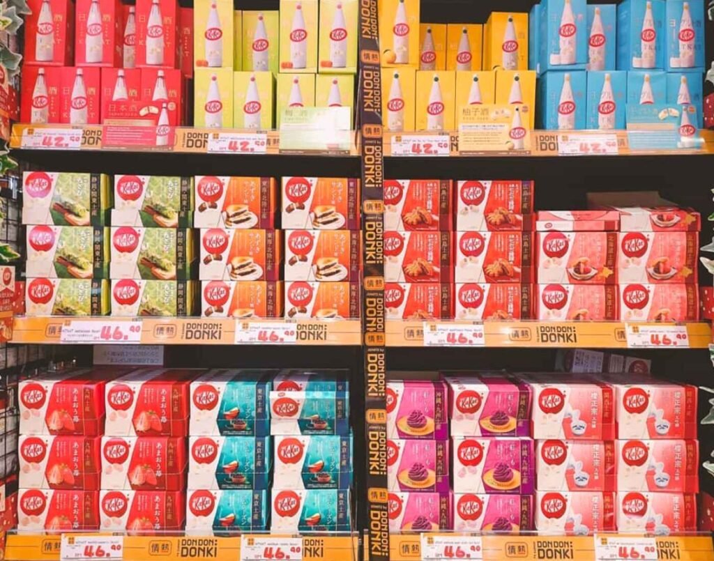 Unique Japanese Kit Kat flavours Masuizumi Sake (Japanese Rice Wine), Yuzu Sake (Citrus Wine), Umeshu (Plum Wine), Yoghurt Sake, Wasabi (Shizuoka Region), Azuki Red Bean Sandwich (Nagoya Region), Maple Leaf Manju Red Bean (Hiroshima Region), Strawberry Cheesecake (Yokohama Region), Amaou Strawberry (Fukuoka Region), Tokyo Rum Raisin, Beni Imo (Purple Sweet Potato), and Sakura Masamune Daiginjo Sake on display at Jonetz By Don Don Donki Lot 10, a Japanese supermarket in Bukit Bintang, Kuala Lumpur.