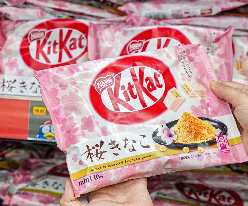 The Sakura Kinako Kit Kat chocolate flavour is a blend of sakura (cherry blossom) flowers and kinako (roasted soybean powder), available only in spring months at Jonetz By Don Don Donki Lot 10, a Japanese supermarket in Bukit Bintang, Kuala Lumpur.