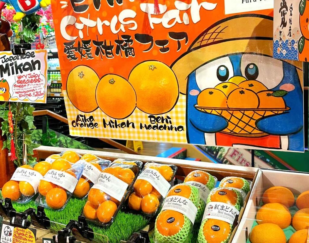 Premium Japanese oranges and citrus fruits including Kumquat (Tamatama), Arida Mikan, Aika Mikan, and Beni Madonna, air-flown from Wakayama and Ehime prefectures and showcased in the Furu Furu premium fruits section at Jonetz By Don Don Donki Lot 10, a Japanese supermarket in Bukit Bintang, Kuala Lumpur.