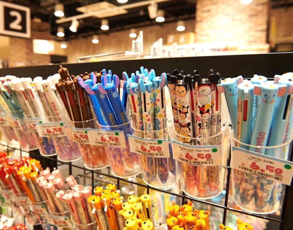 Japanese kawaii stationery featuring anime characters and cartoon-themed gel pens including Lilo and Stitch displayed in the Kawaii Corner on the Second Floor of Don Don Donki Lot 10, Bukit Bintang Kuala Lumpur.