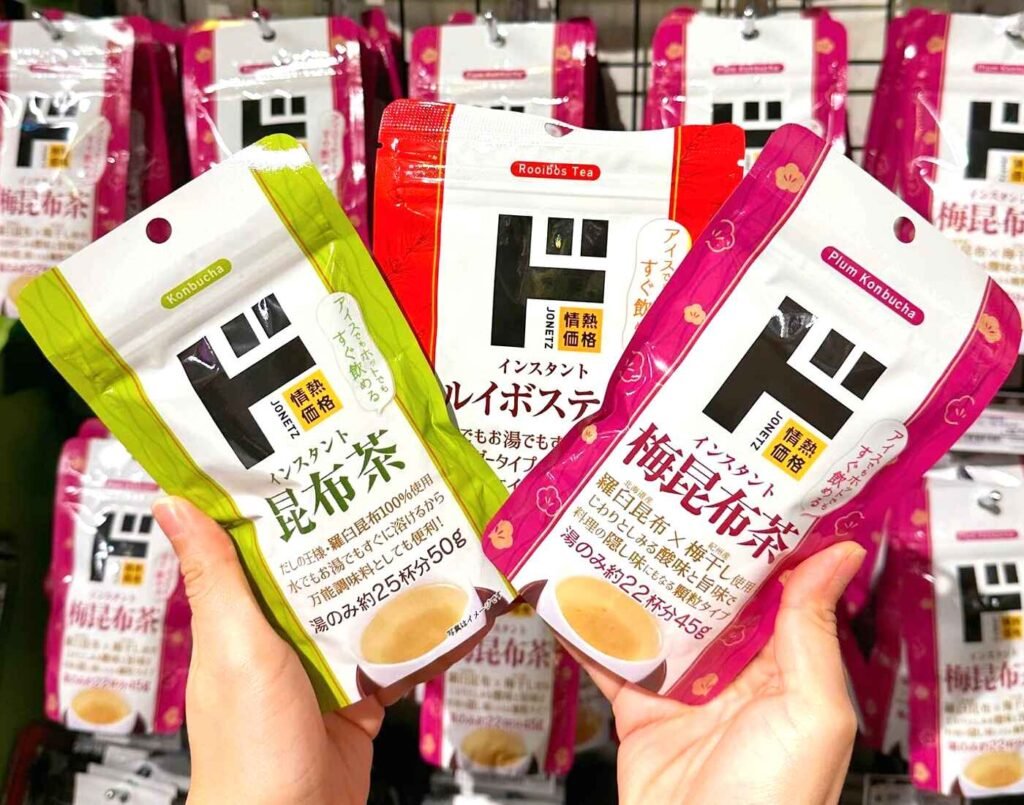 Three packets of instant tea powder by Jonetz Kakaku, featuring Konbu-cha (savoury kelp tea), Plum Konbu-cha, and Rooibos Tea (red bush tea) at Jonetz By Don Don Donki Lot 10, a Japanese supermarket in Bukit Bintang, Kuala Lumpur.