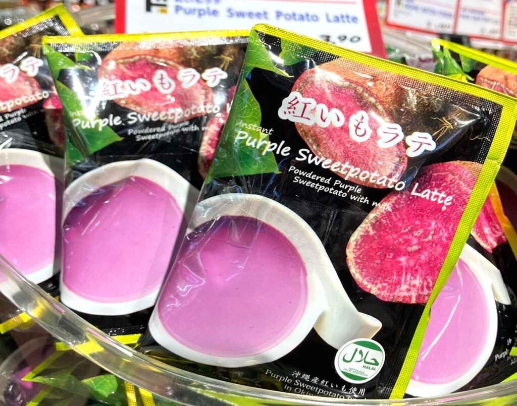 Instant Purple Sweet Potato Latte Powder by Isokoma Nori, made with dried and ground premium purple sweet potatoes from Okinawa and creamy milk. Available at Jonetz By Don Don Donki Lot 10, a Japanese supermarket in Bukit Bintang, Kuala Lumpur.