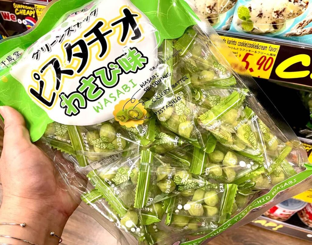 Sennarido Green Snack Pistachio (Wasabi flavour), a popular mamegashi featuring whole pistachios coated in spicy wasabi flavoured batter, available at Jonetz By Don Don Donki Lot 10, a Japanese supermarket in Bukit Bintang, Kuala Lumpur.
