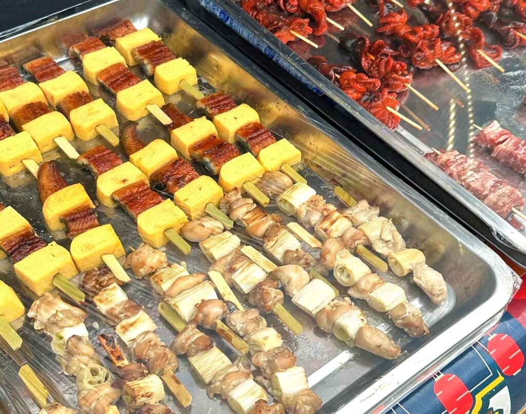Freshly prepared wagyu, unagi, tamago, takoyaki and chicken skewers at the Sweet Potato Factory, ready for grilling and serving at Jonetz By Don Don Donki Lot 10, a Japanese supermarket in Bukit Bintang, Kuala Lumpur.