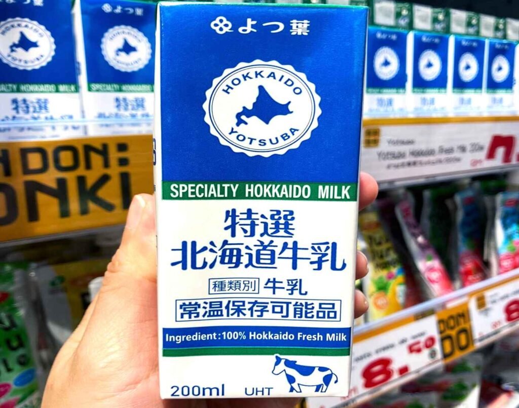 The Yotsuba Specialty Hokkaido Milk in a 200ml UHT carton, known for its creamy, rich, and naturally sweet taste. Available at Jonetz By Don Don Donki Lot 10, a Japanese supermarket in Bukit Bintang, Kuala Lumpur.